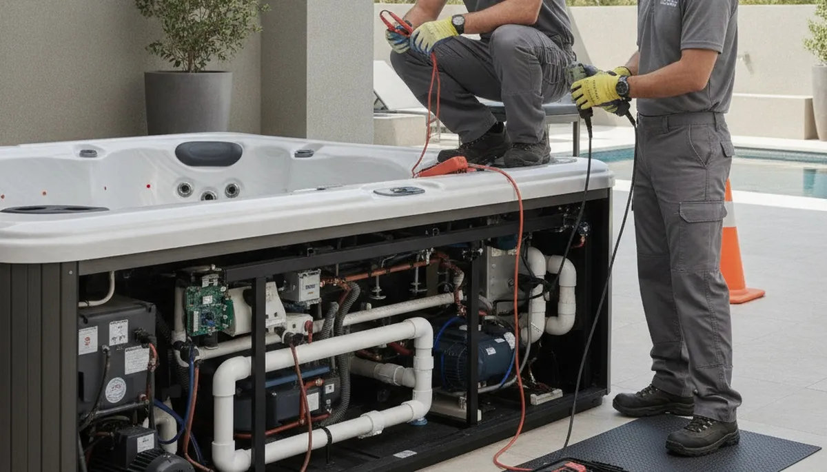 Cherry Hill, NJ spa repair plumber inspecting jets and heating system for home service